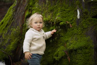 a small child standing in front of a moss covered tree